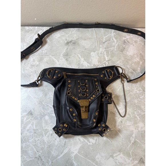 GT Steel Moster Handbags - GT Steel Moster Black Steampunk Drop Leg Bag Tactical Cross Body Brass Studded